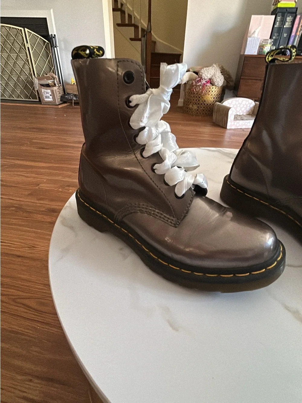 Dr. Martens metallic Gray Leather Combat Boots with White Laces - Picture 3 of 7